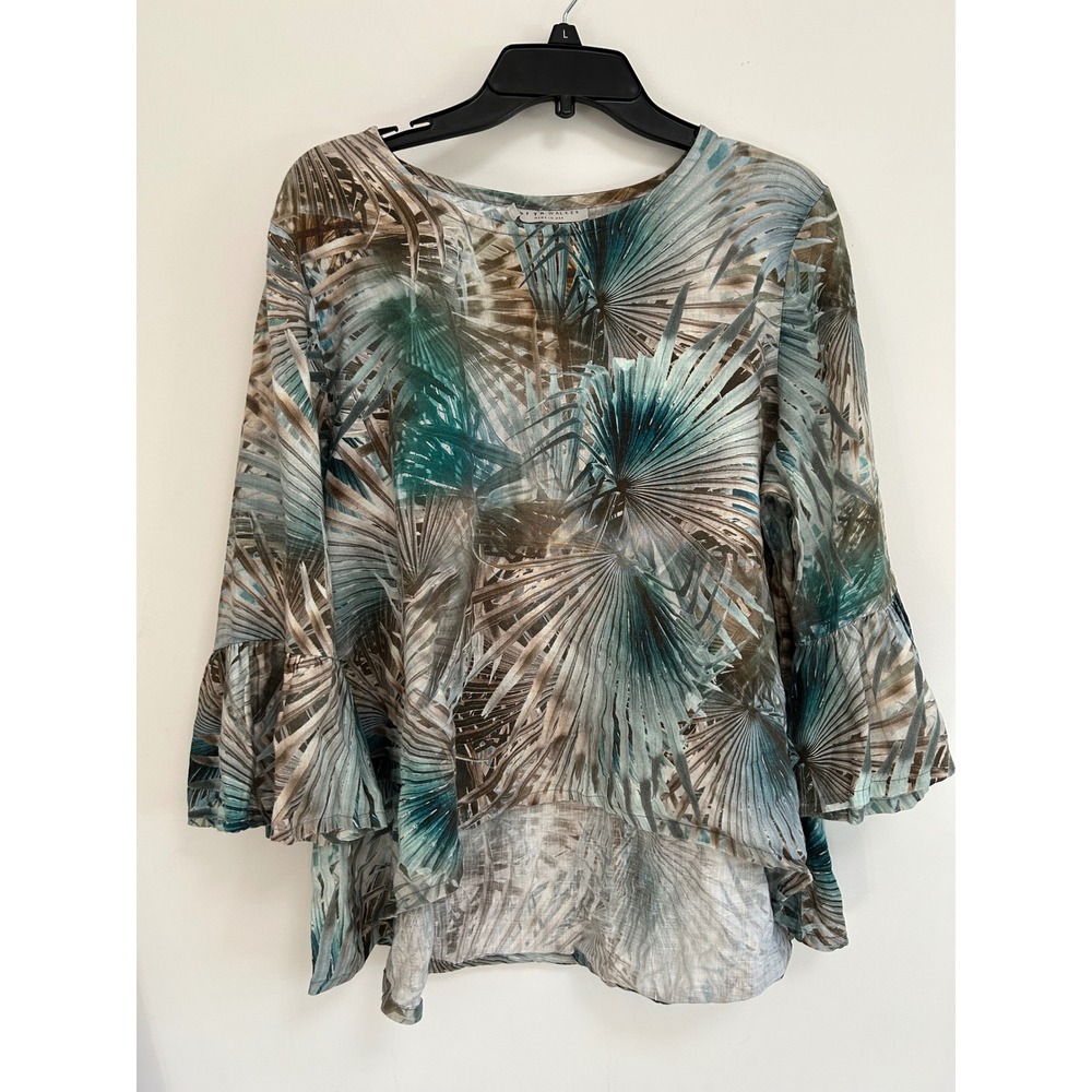 Bryn Walker Palm Leaf Print Bell Sleeve High Low Tunic Top Womens M‎